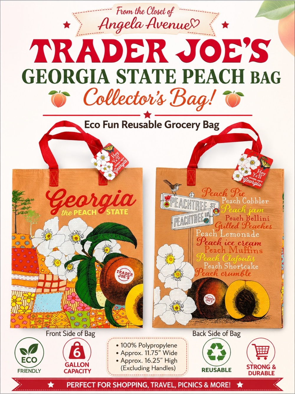 Trader Joe's Georgia The Peach State - Eco Reusable Tote Bag with Red Handles 🍑